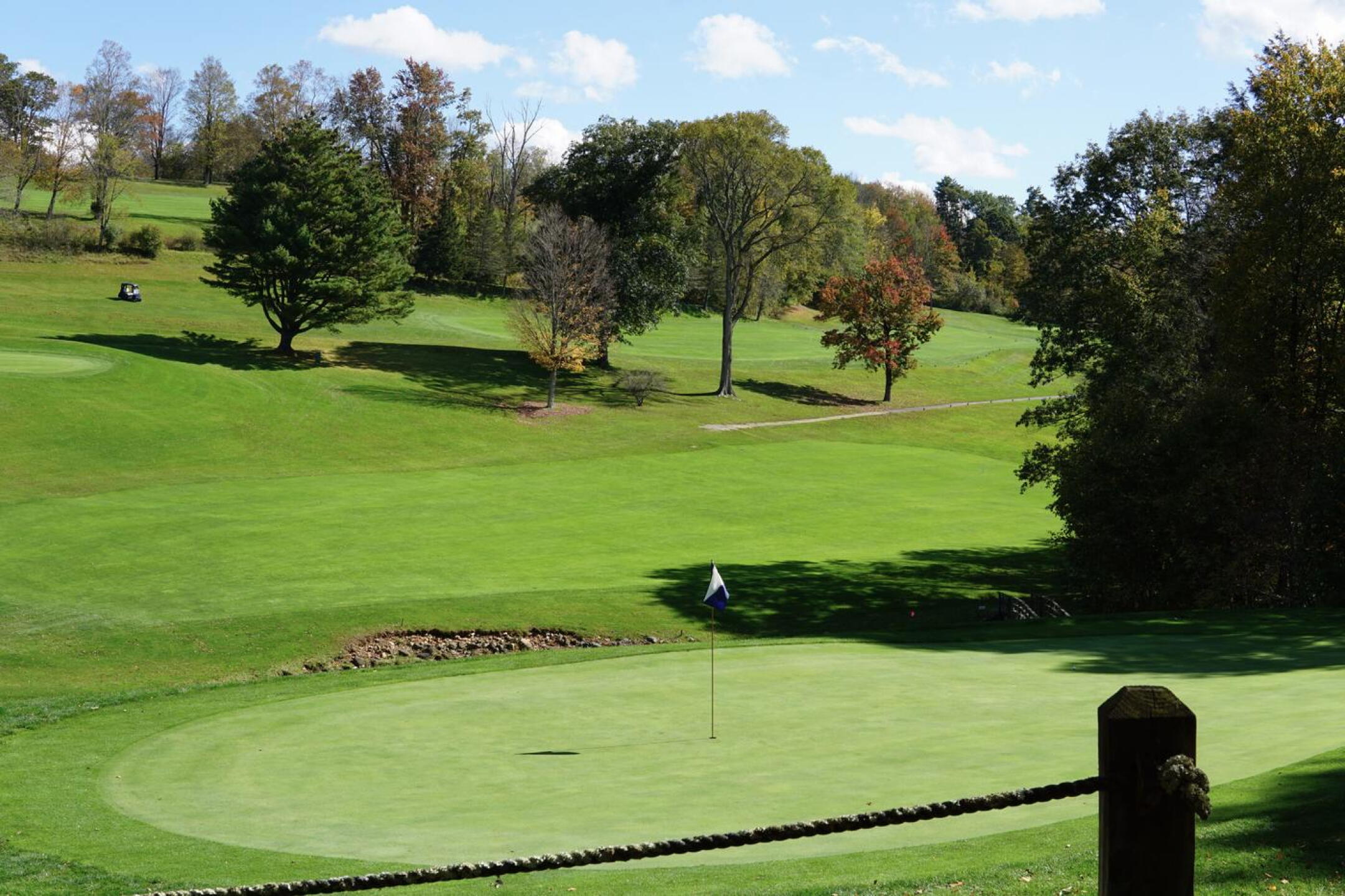 A view of the fifth hole from behind its shallow, hard-to-hold green. It’s a long walk up from fairway to green. (Photo submitted by AptlyLinked on 10/10/2023)
