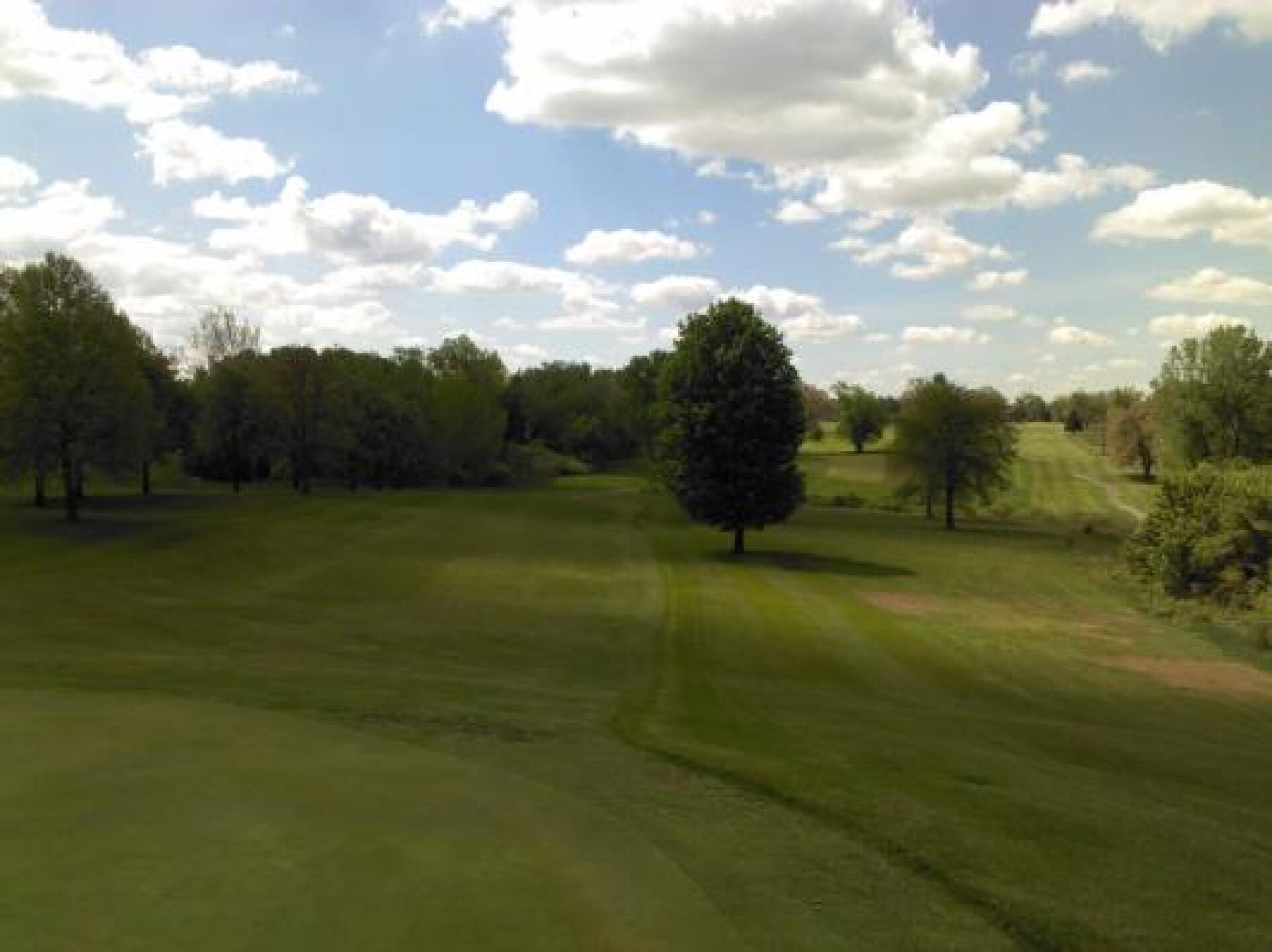 This another good photo to show the elevation changes. This is an elevated green with a narrow approach up the fairway sloping right to left. The tee bax is located almost directly behind the tree in the center of the photo beyond the creek. (Photo submitted by dwal64 on 05/27/2014)