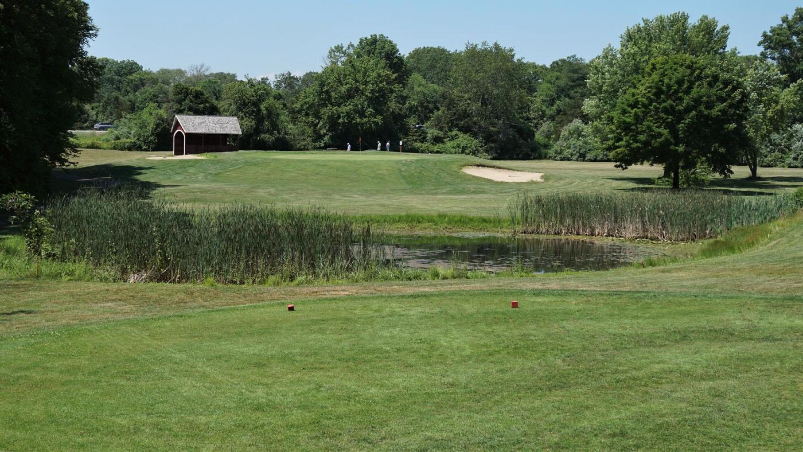 Seventh, Red, 180 par-3: Scenic hole with a well-protected green. Avoid the big dropoff to the right. (Photo submitted by AptlyLinked on 07/02/2021)
