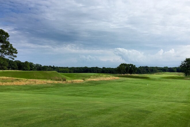 Looking down toward the green (right) of number 5 at Lawsonia Links. The back of the first green juts into the left side of the photo.