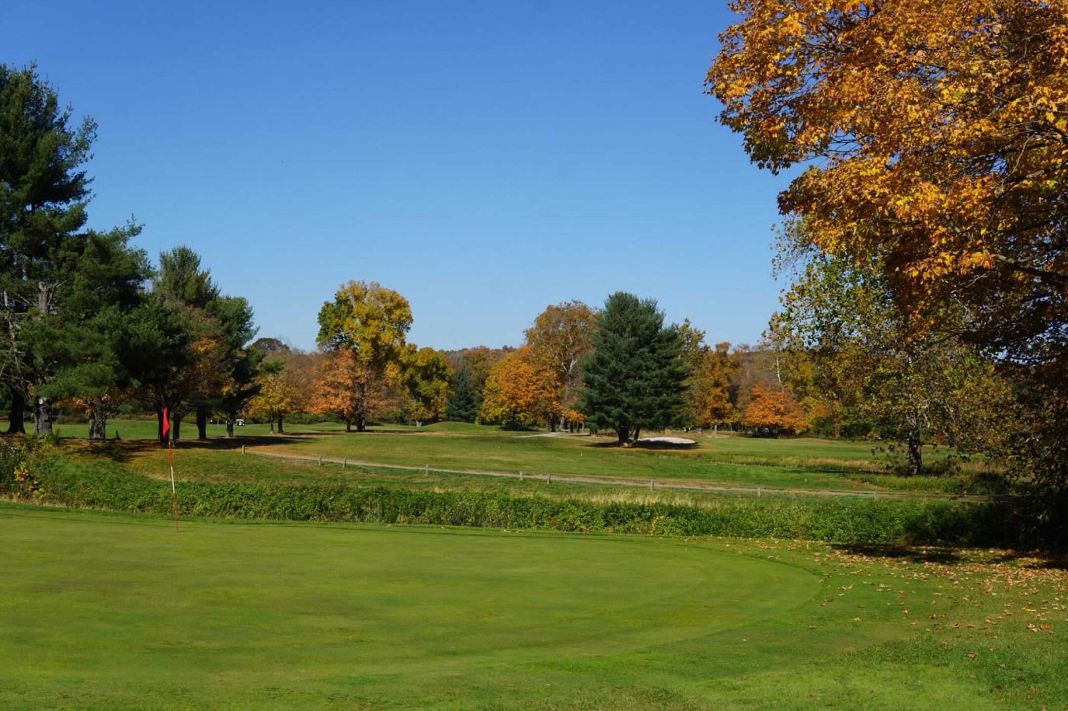 From behind the ninth green, with a down its fairway; the river intervenes, making this green tricky to hit in regulation. (Photo submitted by AptlyLinked on 10/23/2022)