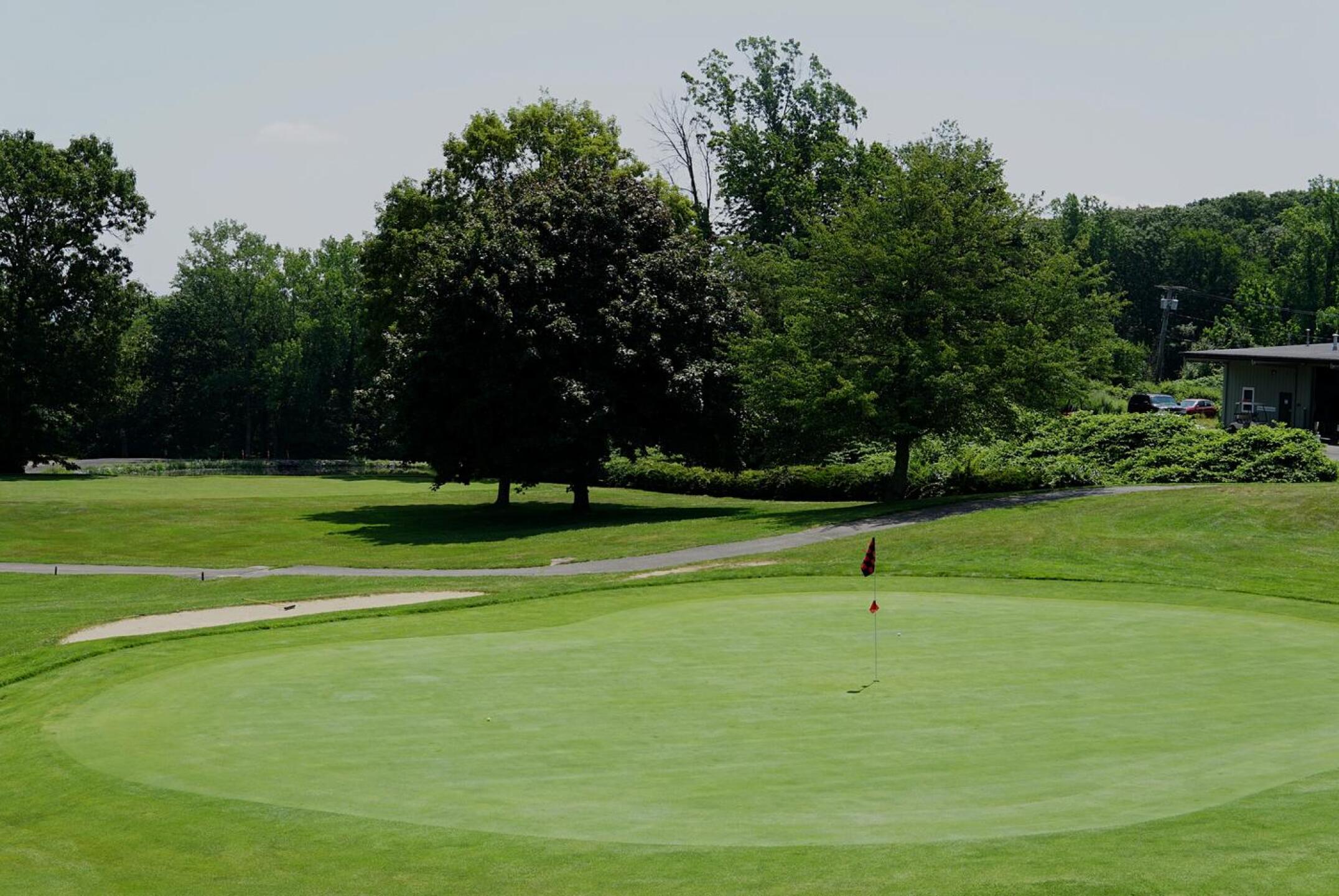 Nine’s green, sitting above the fairway on a small rise, is relatively flat compared to others at Farminbury Hills. (Photo submitted by AptlyLinked on 07/05/2023)