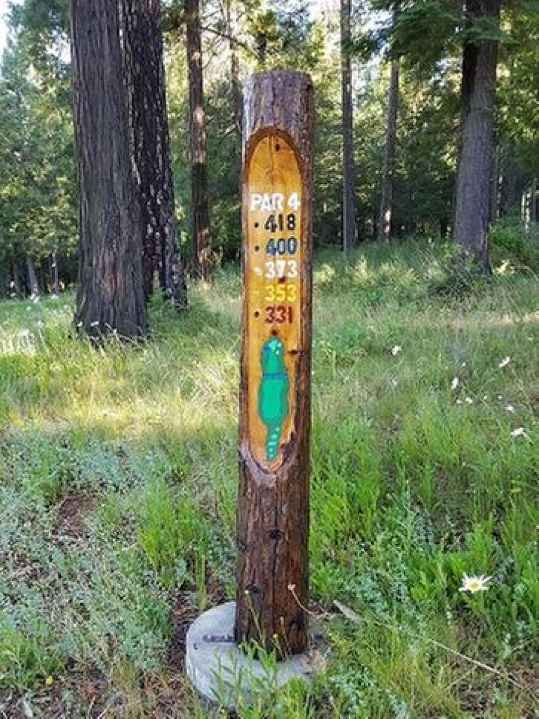 Totem pole type yardage marker (Photo submitted by Titaniumhen on 06/27/2018)