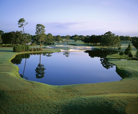 The par-three 17th presents the most intimidating tee shot at Bay Hill