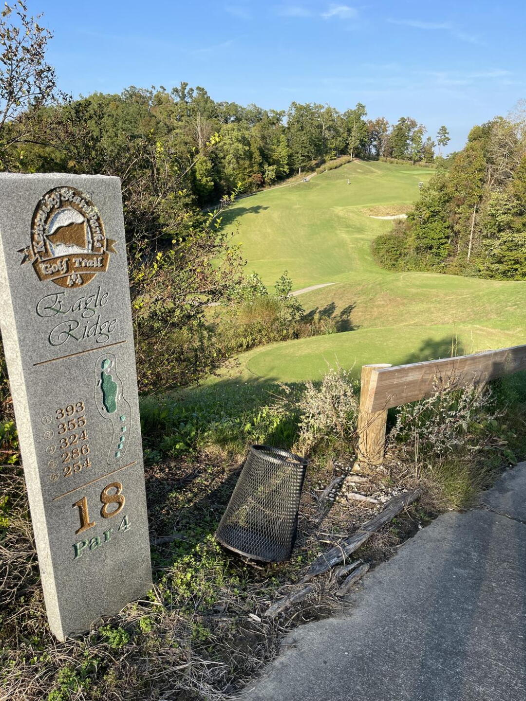 Hole 18, tee off down hill, 2nd uphill to a small-green (Photo submitted by u2073392 on 10/10/2021)