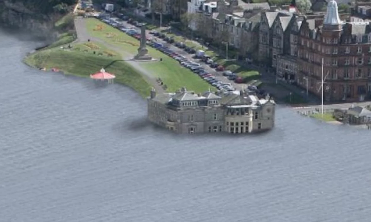 A rendering of what an underwater Old Course (that's the R&A clubhouse filling up with seawater) could look like. (Jan Bebbington)