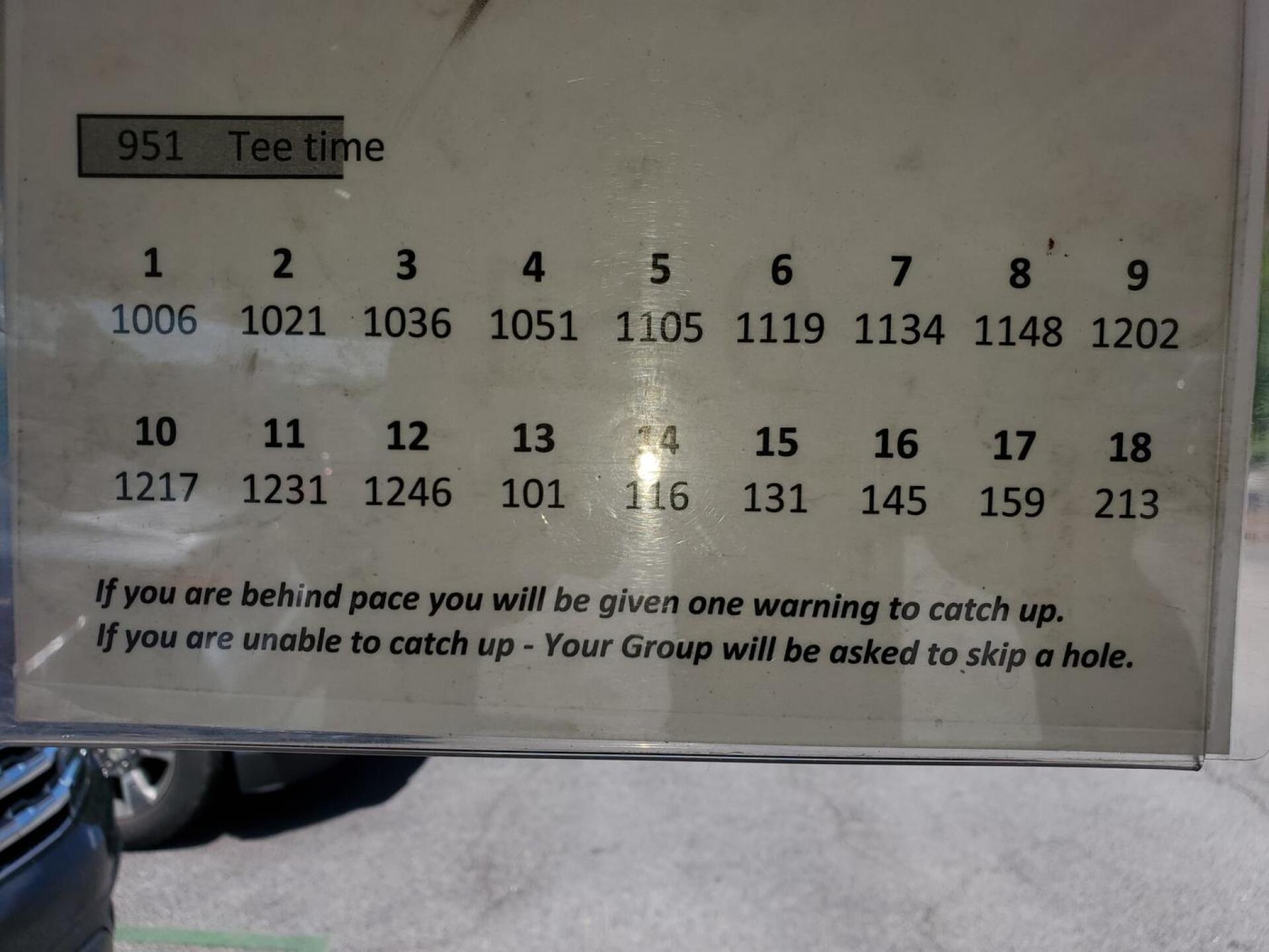 Pace of play card. Course didn't even honor this and still pushed my group (Photo submitted by Emcdew on 05/23/2020)