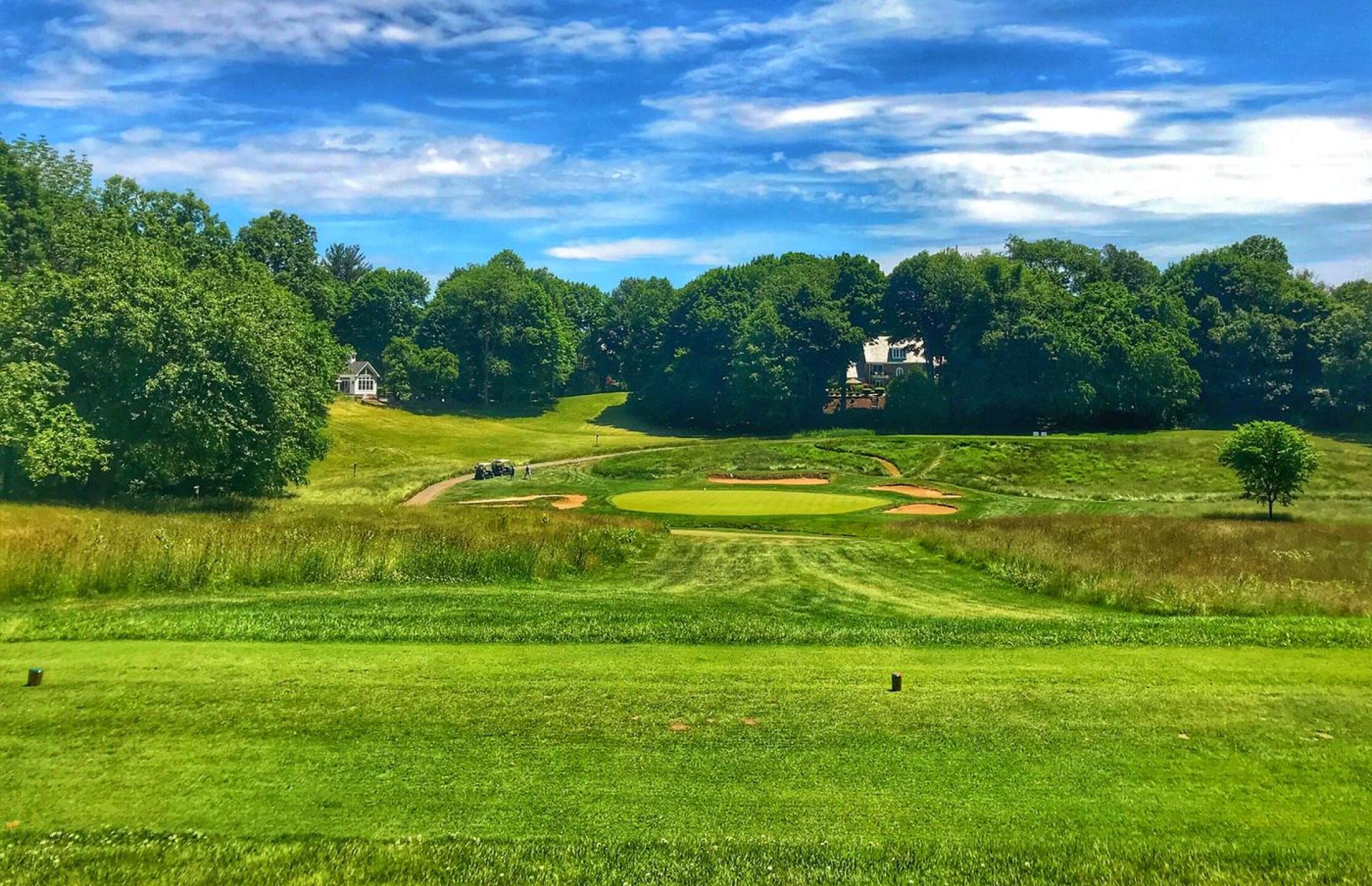 The shortish downhill par-3 6th at Shuttle Meadow is a terrific-looking hole. (Photo submitted by TimGavrichGP on 06/25/2018)