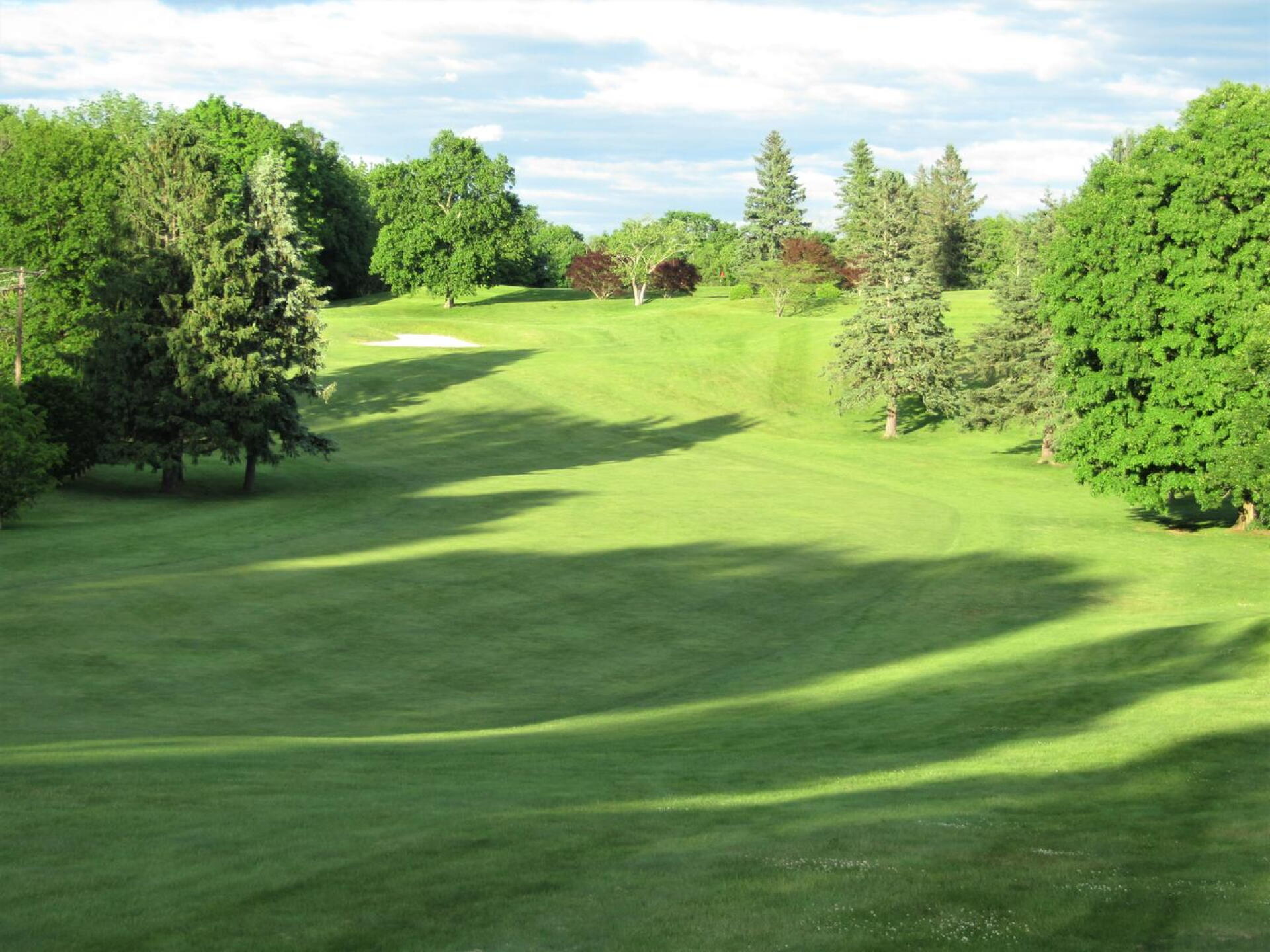 First: Early evening shadows encroach on the 1st fairway; green is hidden from view, left of bunker. (Photo submitted by AptlyLinked on 06/10/2020)