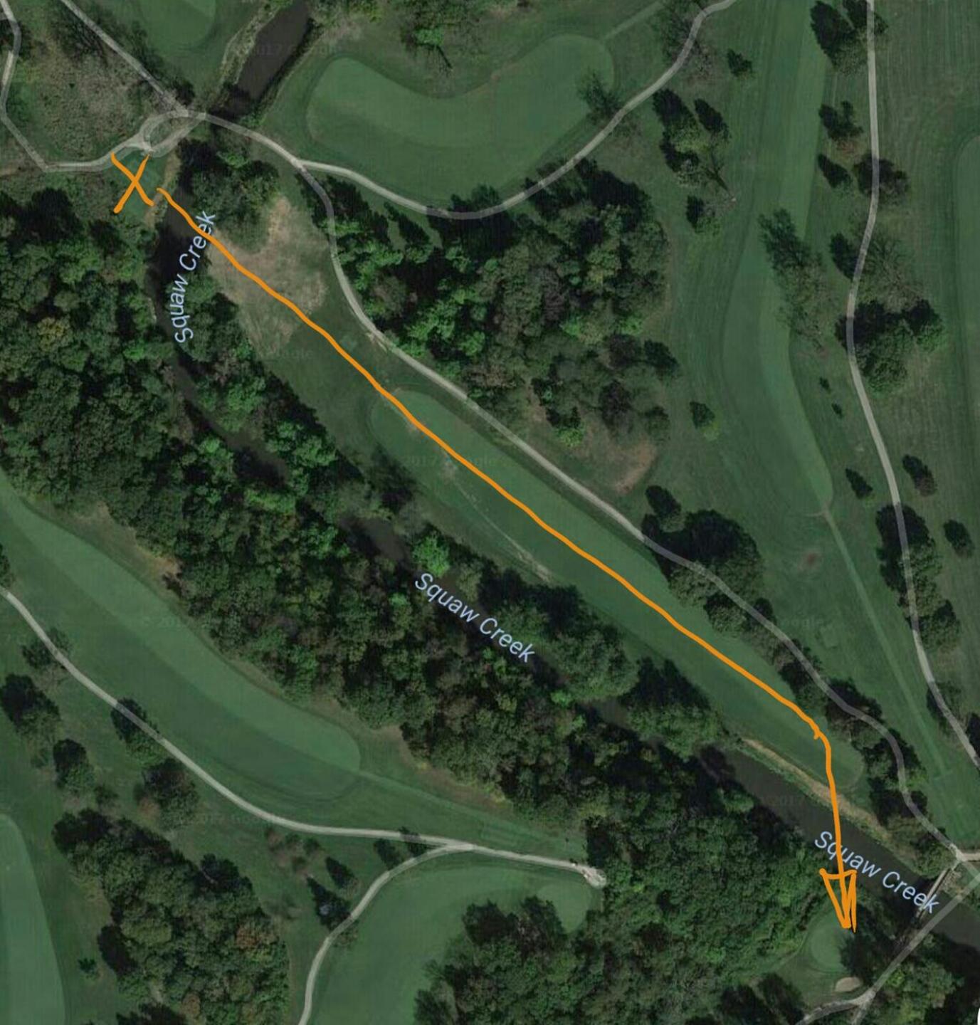 overhead view of #16, to give you an idea of what you're looking at in the other pic (X is teebox) (Photo submitted by geeman1082 on 09/24/2017)