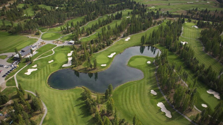 Bootleg Gap Golf - aerial view of the pond on the 18th hole