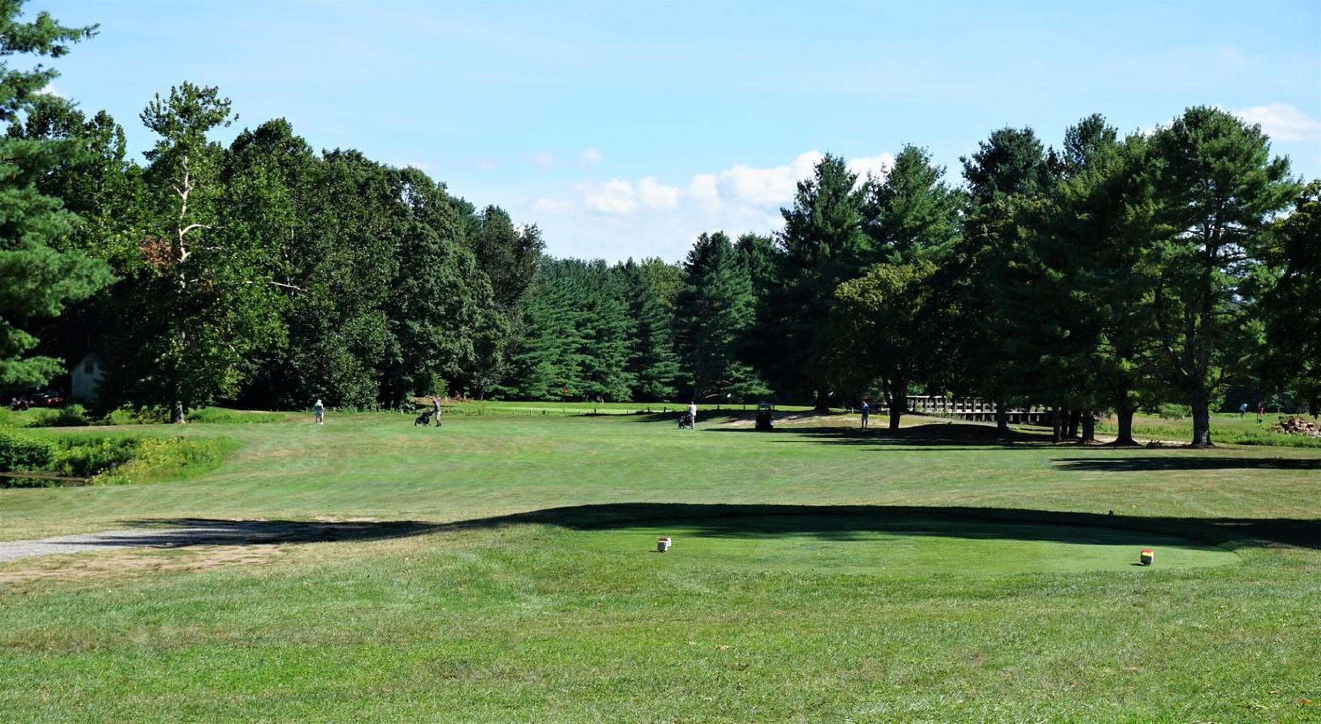 Ninth: The par-four finisher being played by the foursome in front of me. Each is thinking closely—no doubt—about the carry over the Pomperaug River. (Photo submitted by AptlyLinked on 08/21/2020)