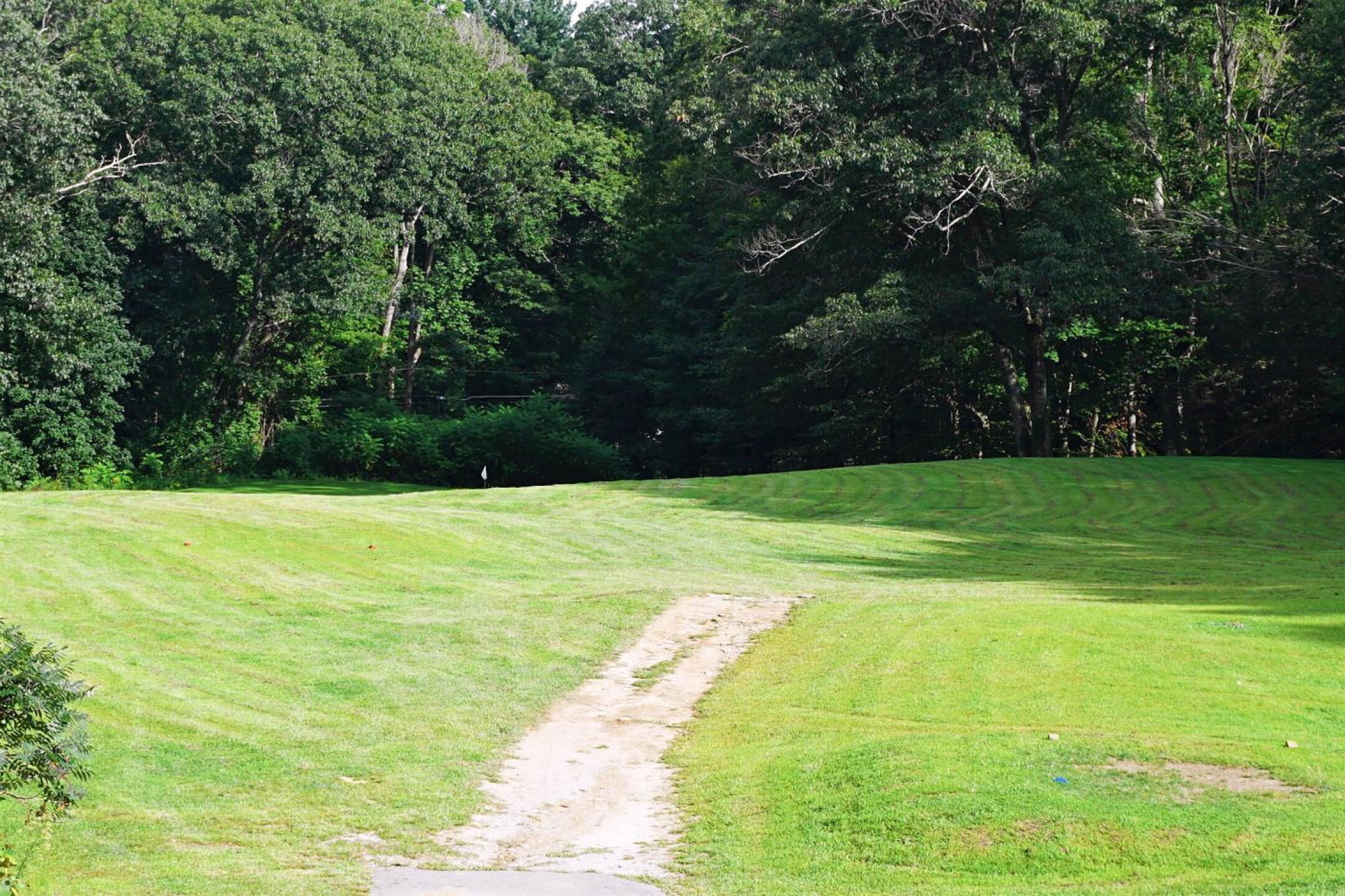 The seventh: Called “The Ravine,” this hole plunges down a hill near the greenl. View to the top of the flagstick. (Photo submitted by AptlyLinked on 08/22/2021)