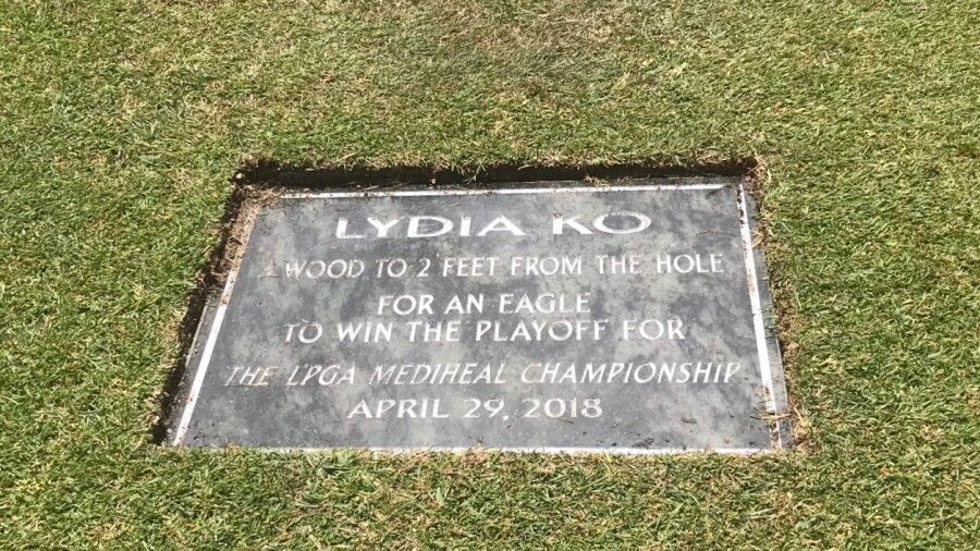 Lake Merced Golf Club - Lydia Ko plaque in the 18th fairway