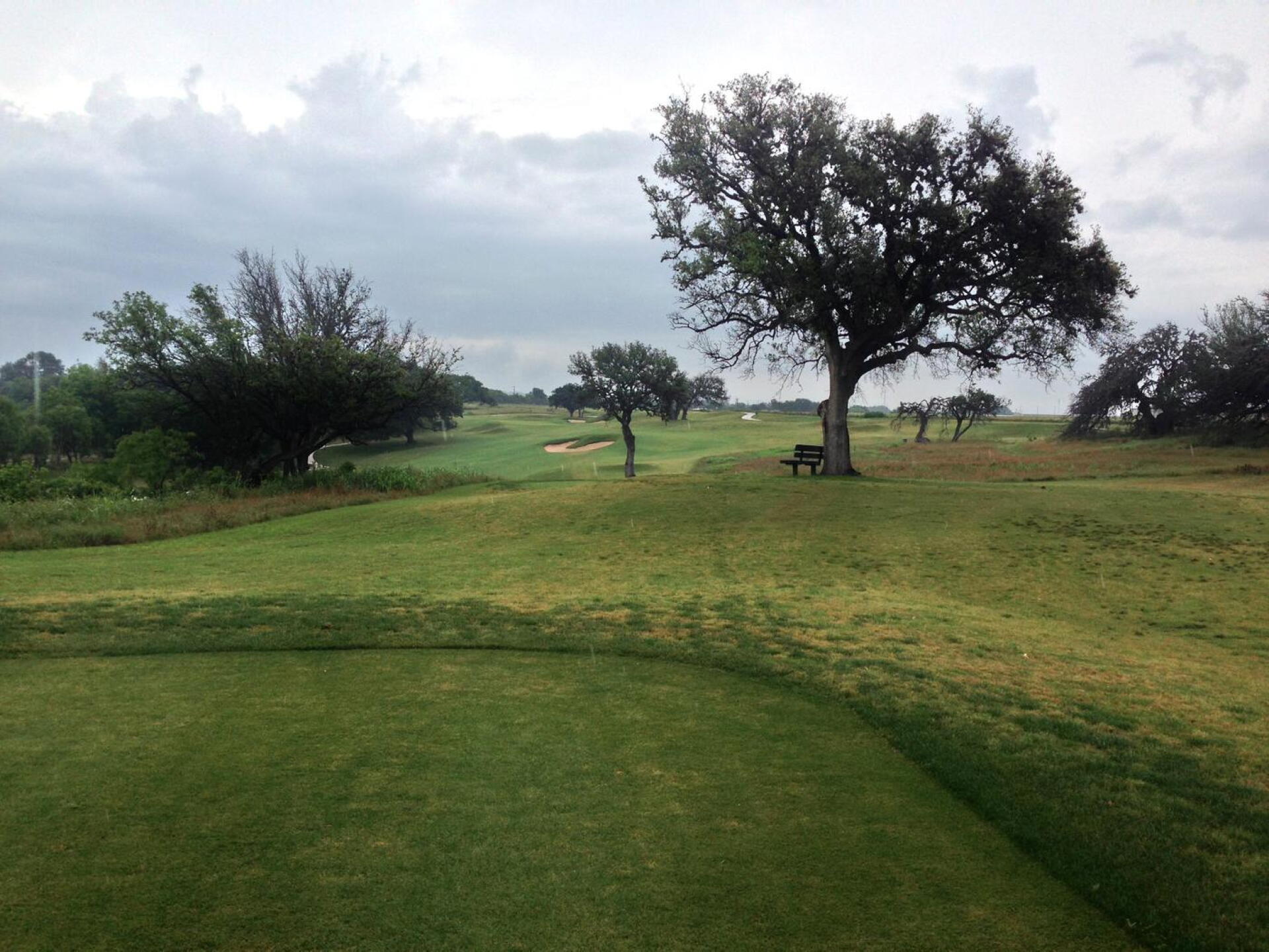 #7 from the back tees -- trees, rolling right to left fairway, and bunkers. (Photo submitted by GordonATX on 05/16/2016)